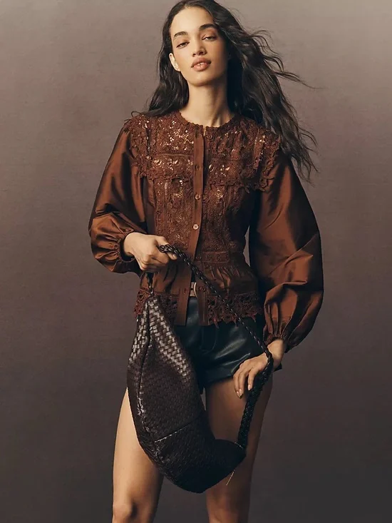 NWT By Anthropologie Long-Sleeve Eyelet Lace Blouse Brown - Picture 2 of 7